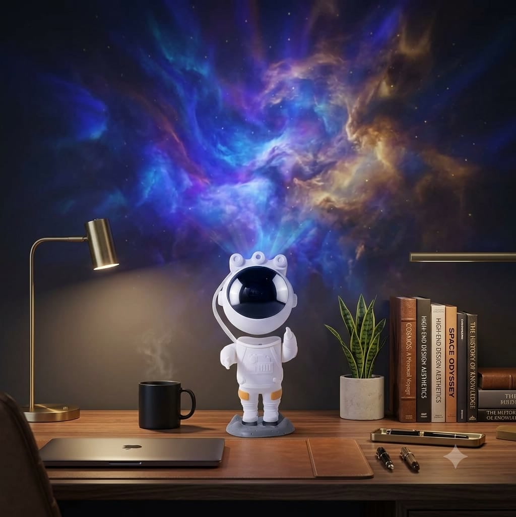 Astronaut Galaxy Projector on a desk projecting a nebula across the wall