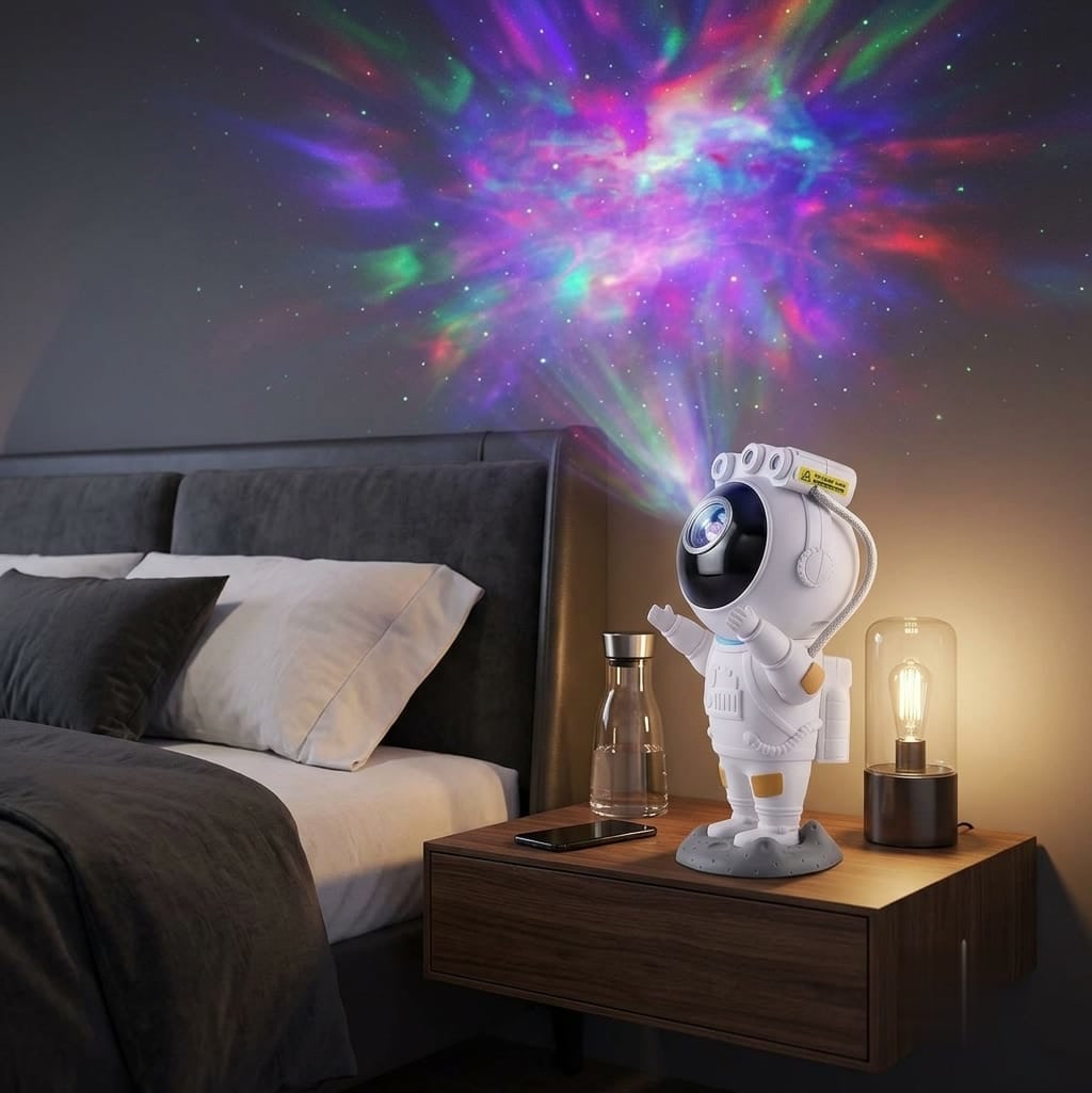Astronaut galaxy projector on a nightstand casting a nebula over a bed