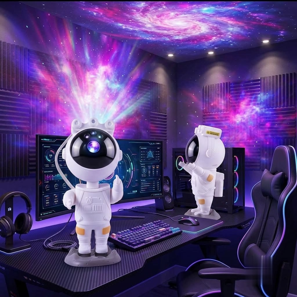 Astronaut galaxy projector lighting up a gaming setup with a purple galaxy
