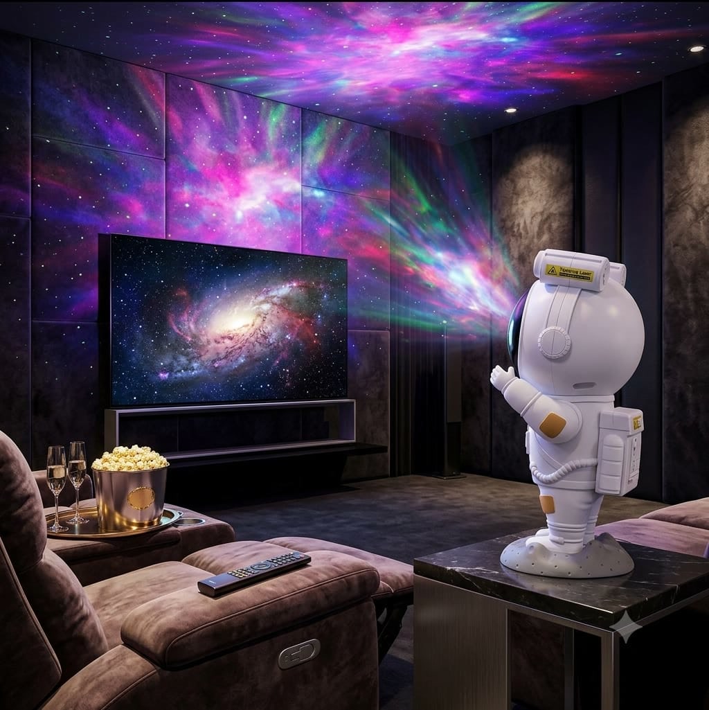 Astronaut galaxy projector in a home theatre projecting stars on the ceiling