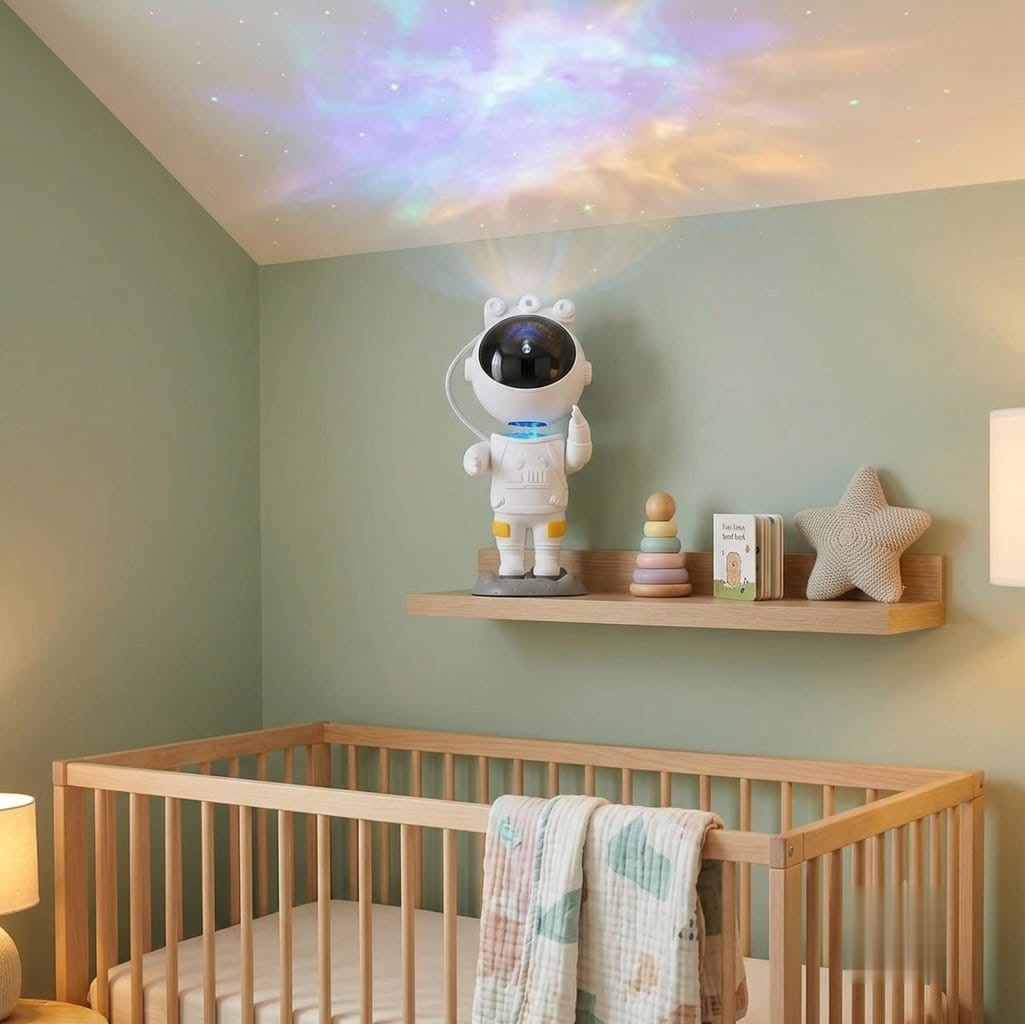 Astronaut galaxy projector on a nursery shelf with soft galaxy lighting