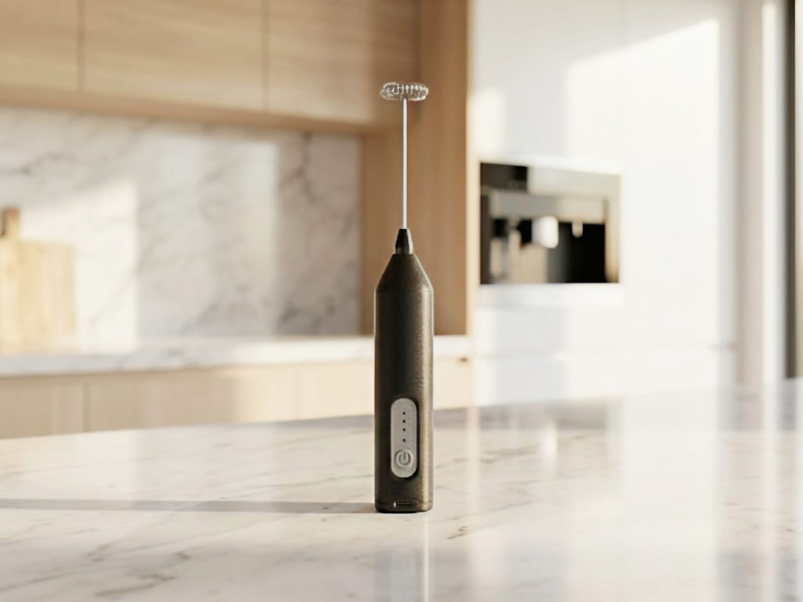Barista Foam Pro electric milk frother standing on a marble kitchen counter