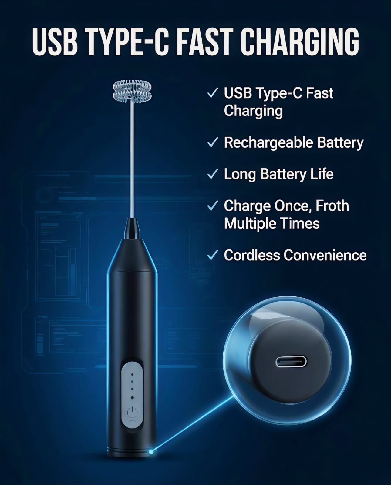 USB Type-C fast charging rechargeable battery on the milk frother