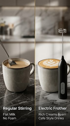 Regular stirring with flat milk versus electric frother with rich creamy foam