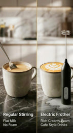 Side by side comparison of flat stirred milk and cafe style frothed latte art
