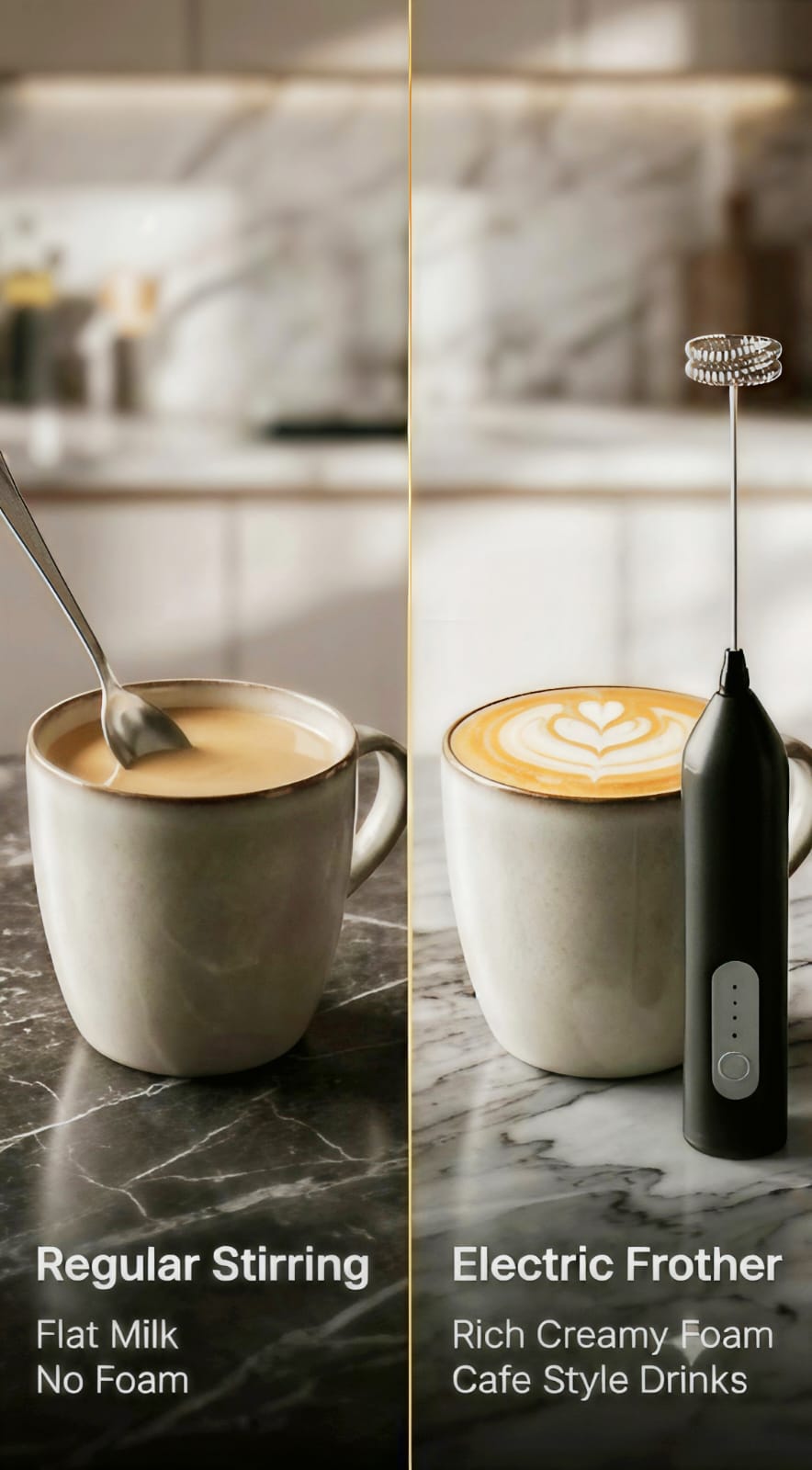 Side by side comparison of flat stirred milk and cafe style frothed latte art