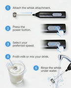 How to use the milk frother in 5 steps: attach whisk, power on, select speed, froth, rinse