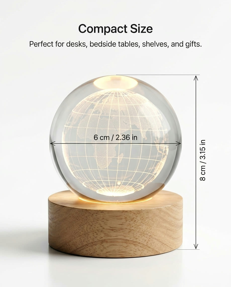 Earth crystal globe compact size dimensions 6cm by 8cm