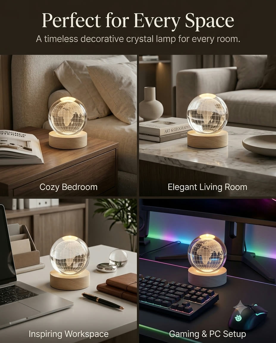 Earth crystal globe in bedroom, living room, workspace, and gaming setup