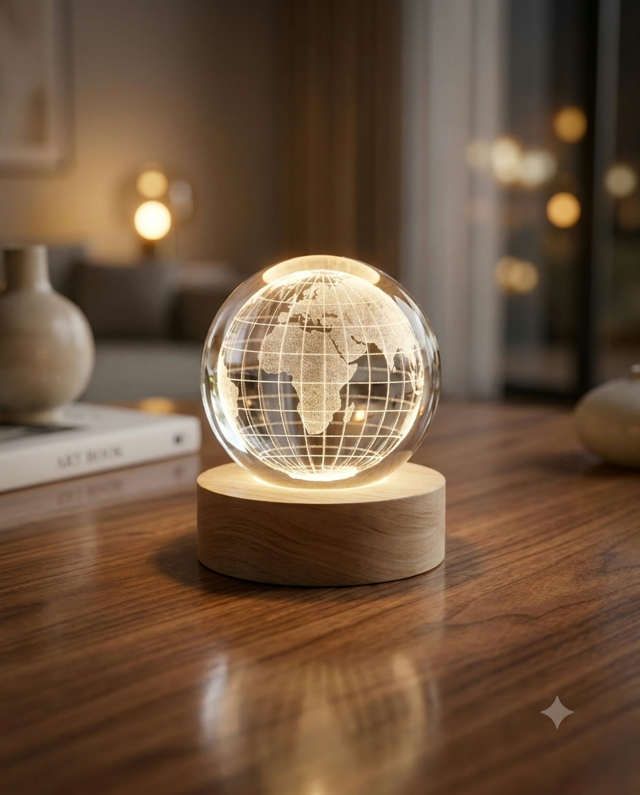 Earth design 3D crystal globe night light on a wooden table