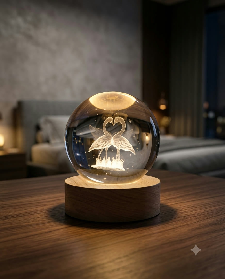 Loving Swan design 3D crystal globe night light on a wooden table
