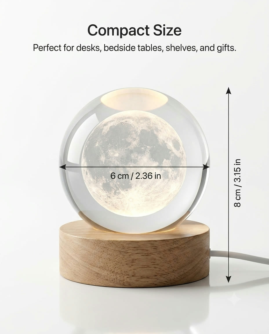 Moon crystal globe compact size dimensions 6cm by 8cm