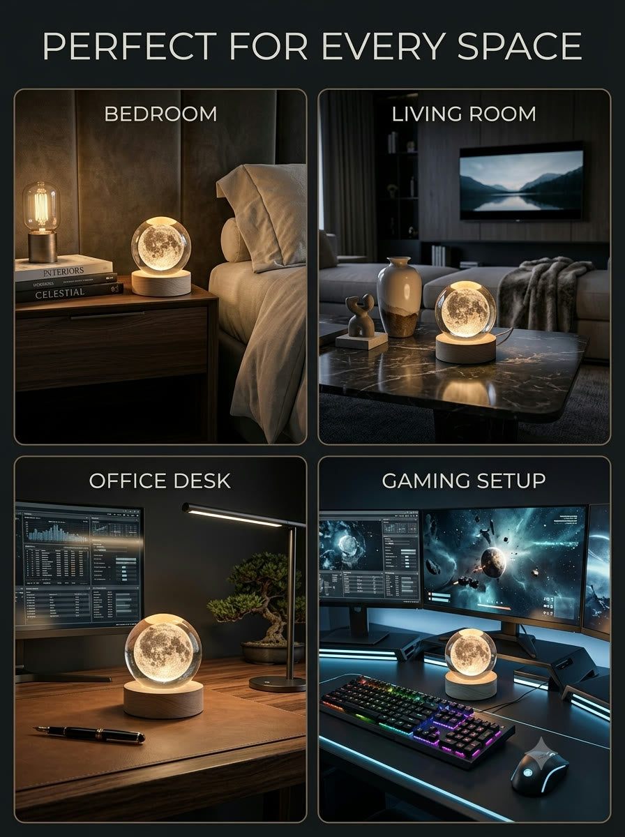 Moon crystal globe in bedroom, living room, office desk, and gaming setup