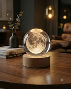 Moon design 3D crystal globe night light on a wooden table