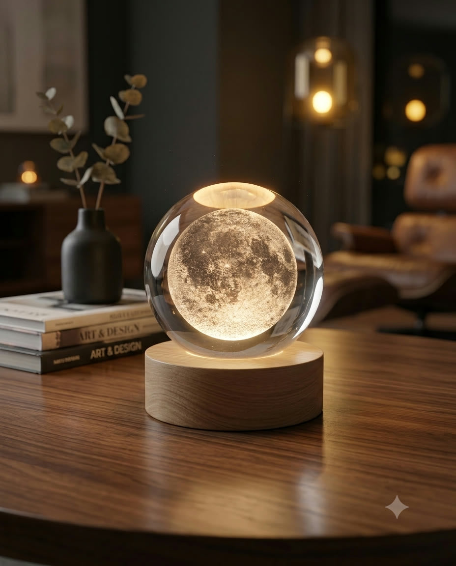 Moon design 3D crystal globe night light on a wooden table