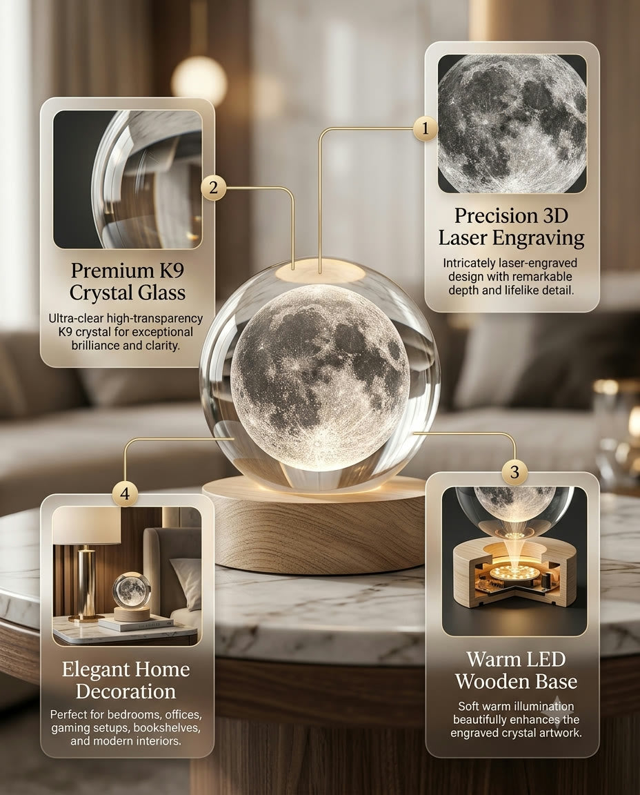 Crystal globe features: precision 3D laser engraving, K9 crystal glass, warm LED wooden base