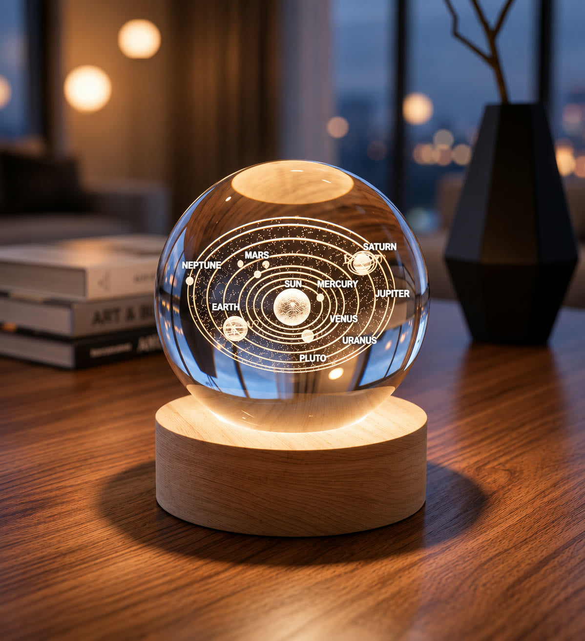 Solar System design 3D crystal globe night light on a wooden table