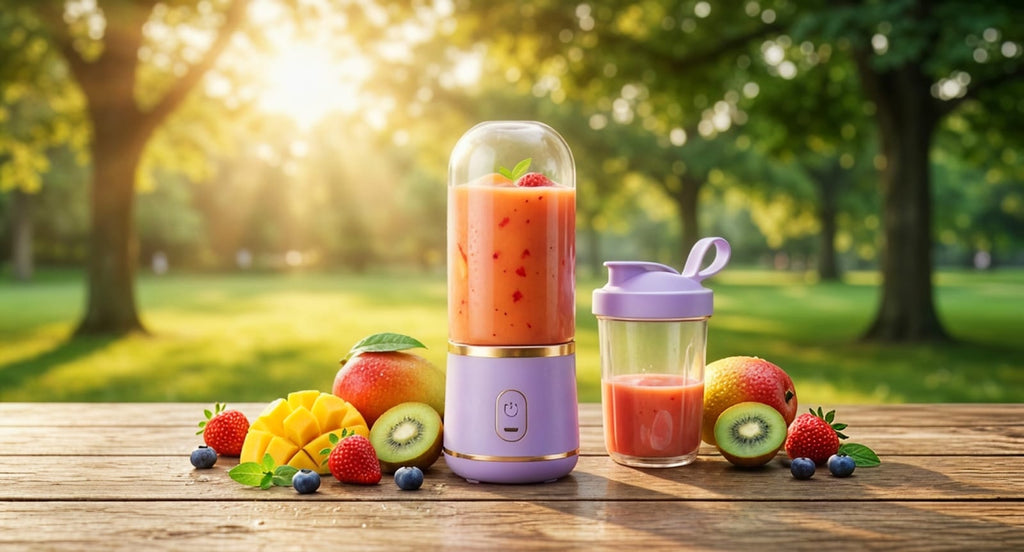 Blend & Go Pro juicer and travel cup with smoothie on an outdoor picnic table