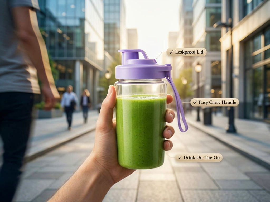 Drinking a green smoothie on the go from the Blend & Go Pro travel cup