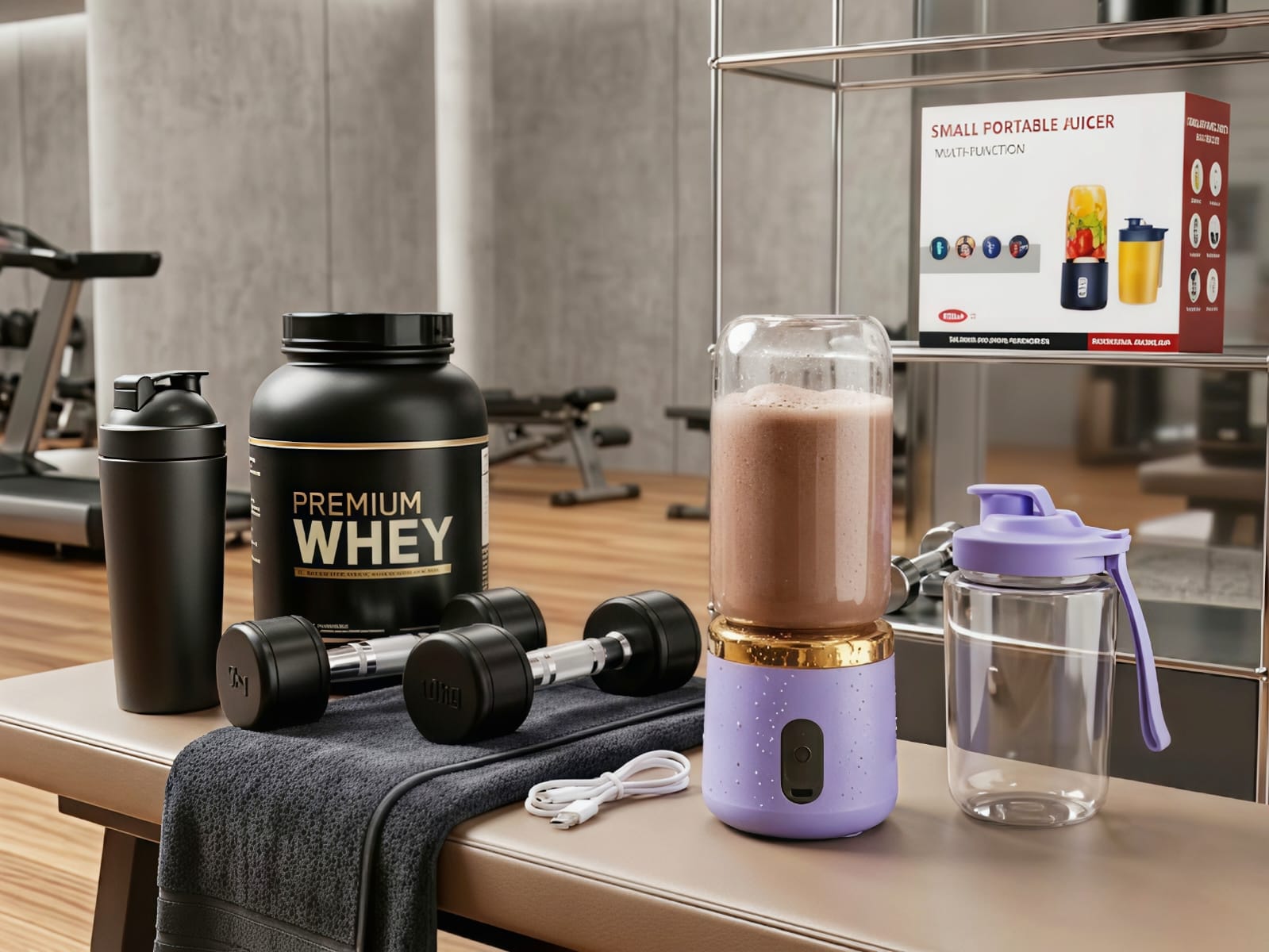 Blend & Go Pro portable blender making a protein shake at the gym
