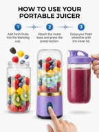 How to use the portable juicer in 3 steps: add fruit, blend, enjoy