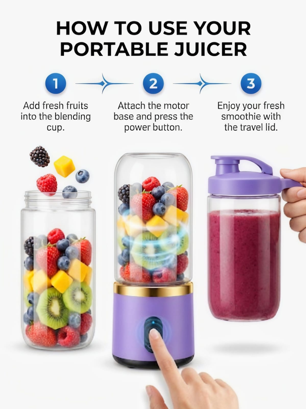 How to use the portable juicer in 3 steps: add fruit, blend, enjoy
