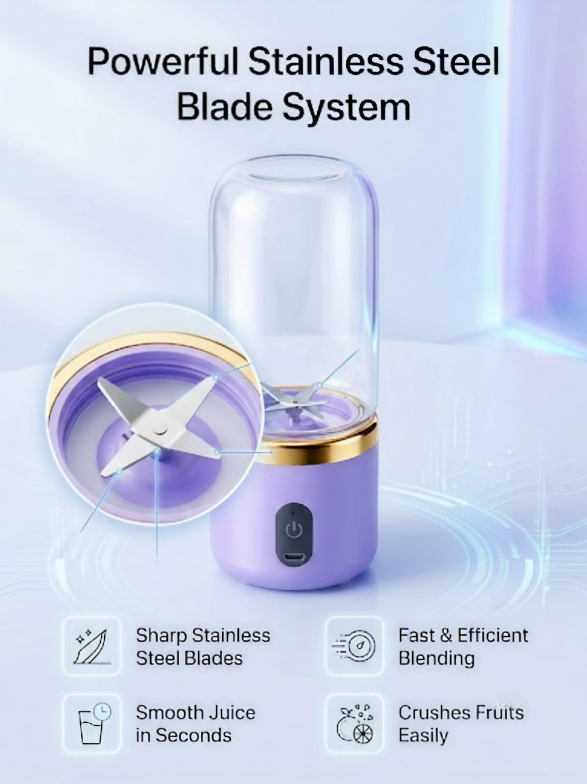 Powerful stainless steel six-blade system of the portable juicer