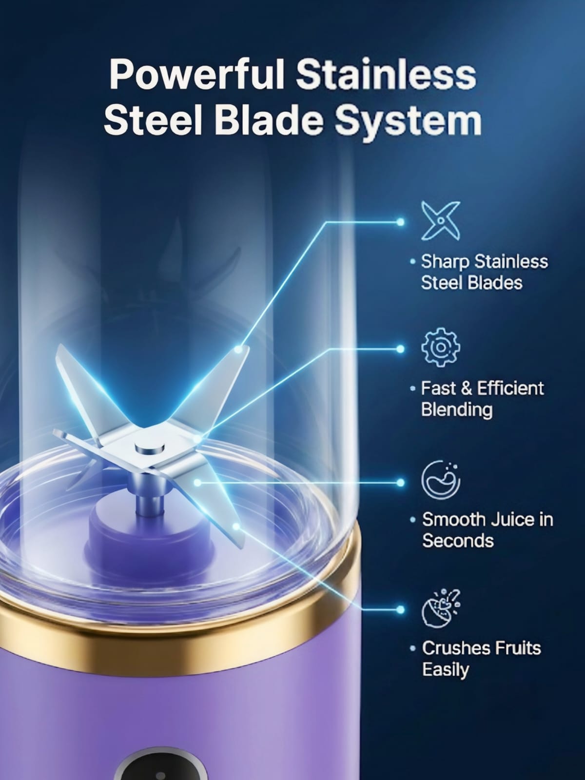 Close-up of the stainless steel blade system inside the blending jar